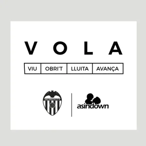 Naming VOLA con el lema Viu, Obri't, Lluita, Avança y los logos de Valencia CF y Asindown, diseñado por Creatias Estudio