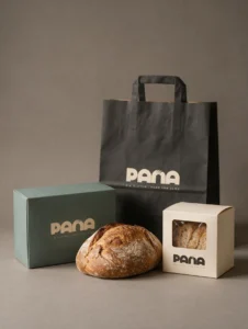 Packaging completo de Pana, panadería y cafetería sin gluten, diseñado por Creatias Estudio