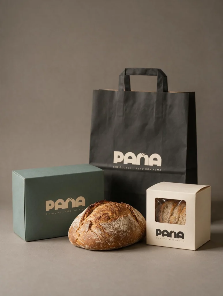 Packaging completo de Pana, panadería y cafetería sin gluten, diseñado por Creatias Estudio
