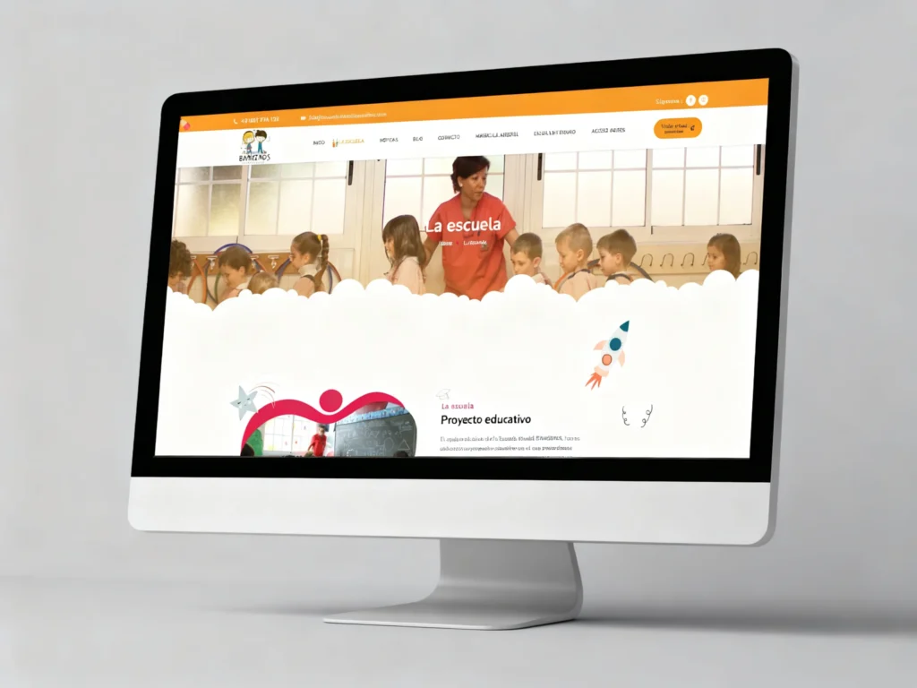Mockup en escritorio de la portada de la web de Bambinos Escuela Infantil, diseñada por Creatias Estudio