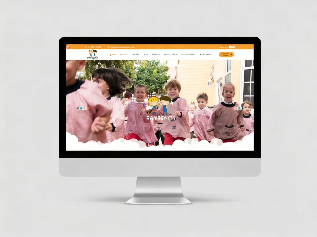 Mockup en escritorio de la portada de la web de Bambinos Escuela Infantil, diseñada por Creatias Estudio