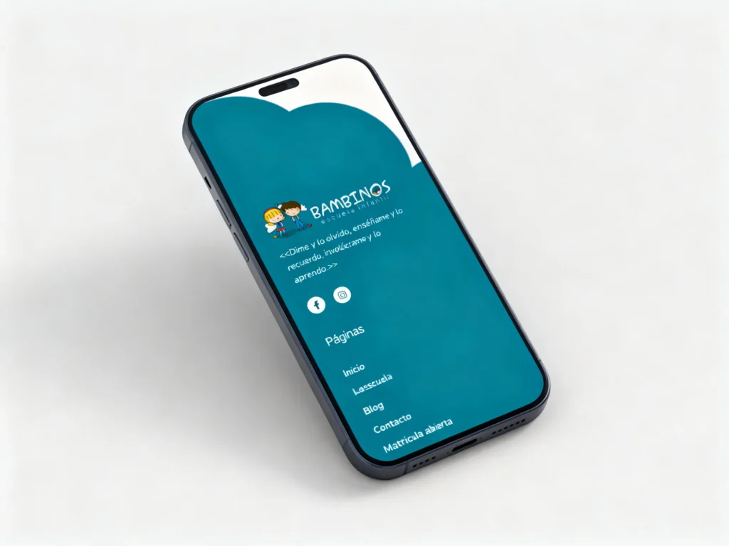 Mockup móvil del menú y footer de la web de Bambinos Escuela Infantil, diseñada por Creatias Estudio
