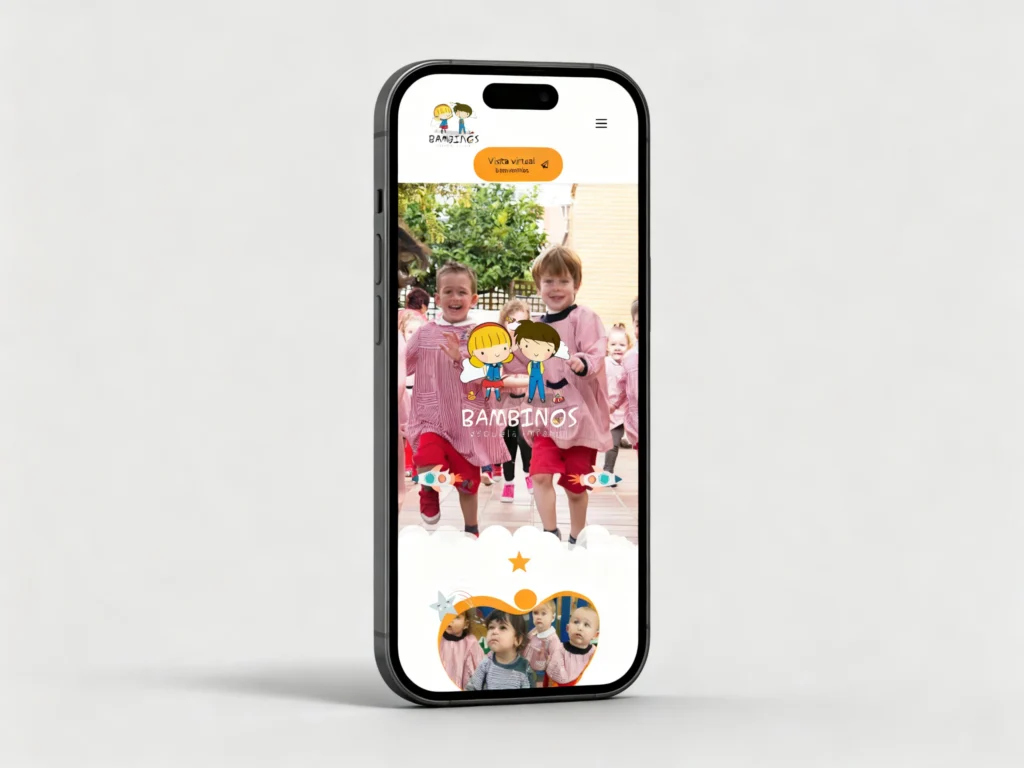 Mockup móvil de la portada de la web de Bambinos Escuela Infantil, diseñada por Creatias Estudio