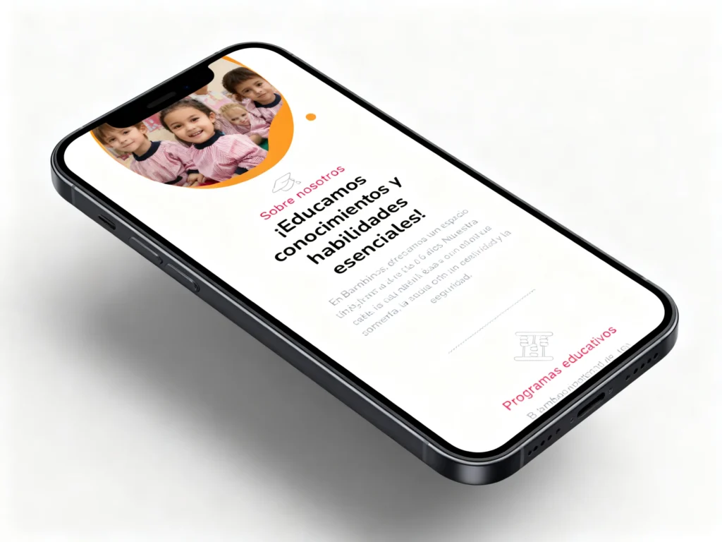 Mockup móvil de la sección Sobre nosotros de la web de Bambinos Escuela Infantil, diseñada por Creatias Estudio