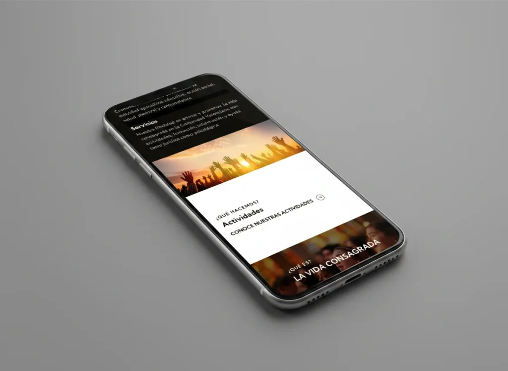 Mockup móvil de la sección de servicios y actividades de la web de Confer Coval, diseñada por Creatias Estudio