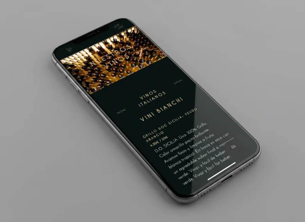Mockup móvil de la sección de vinos de la web de Ristorante La Pizza, diseñada por Creatias Estudio