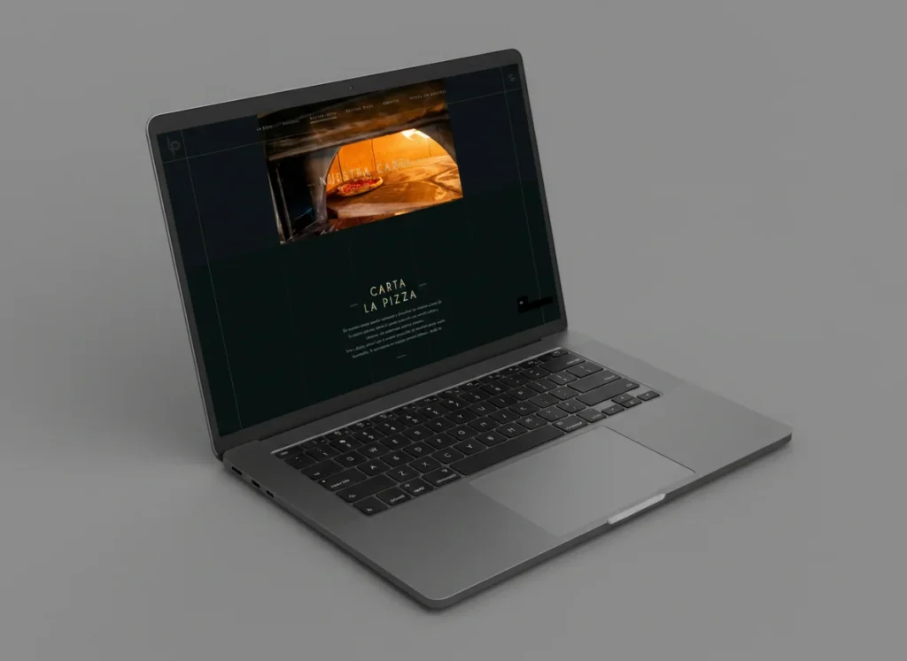 Mockup en portátil de la carta de la web de Ristorante La Pizza, diseñada por Creatias Estudio