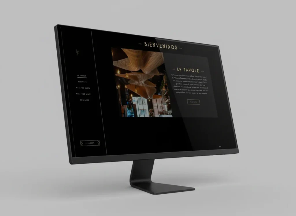 Mockup en escritorio de la página de inicio de la web de Ristorante Le Favole, diseñada por Creatias Estudio