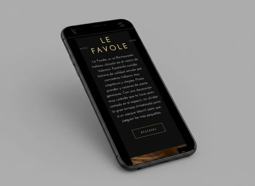 Mockup móvil de la portada de la web de Ristorante Le Favole, diseñada por Creatias Estudio