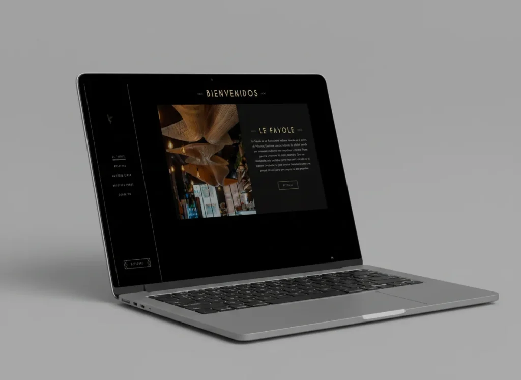 Mockup en portátil de la página de inicio de la web de Ristorante Le Favole, diseñada por Creatias Estudio