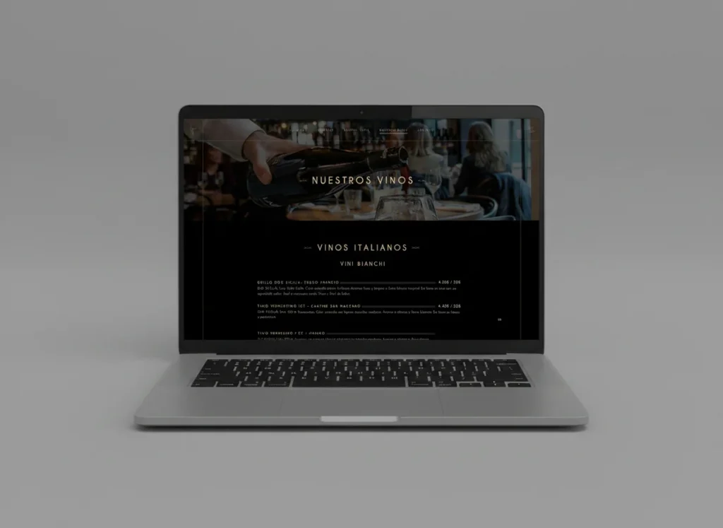Mockup en portátil de la sección Nuestros vinos de la web de Ristorante Le Favole, diseñada por Creatias Estudio