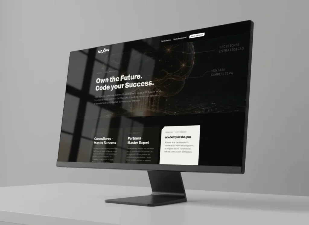Mockup en escritorio de la sección de academy y consultores de la web de Nexha Hairtech, diseñada por Creatias Estudio