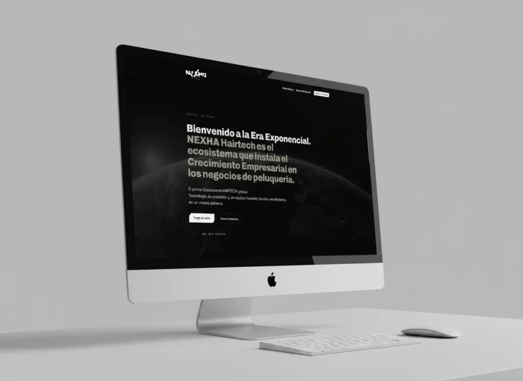 Mockup en escritorio de la portada de la web de Nexha Hairtech, diseñada por Creatias Estudio