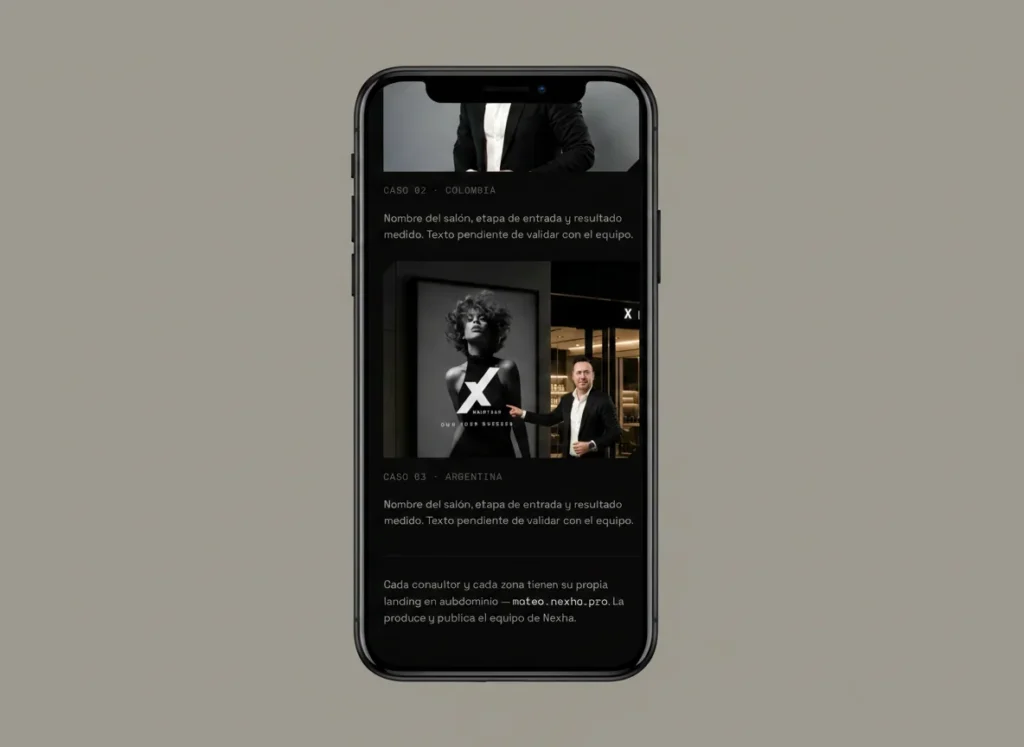Mockup móvil de la sección de casos de éxito de la web de Nexha Hairtech, diseñada por Creatias Estudio