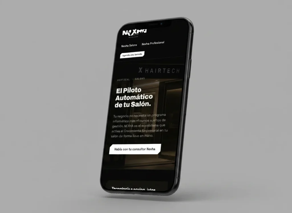 Mockup móvil de la portada Hairtech de la web de Nexha, diseñada por Creatias Estudio