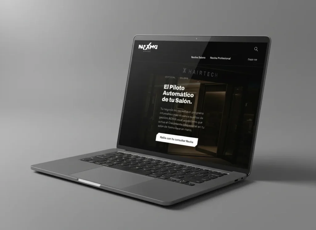 Mockup en portátil de la portada Hairtech de la web de Nexha, diseñada por Creatias Estudio