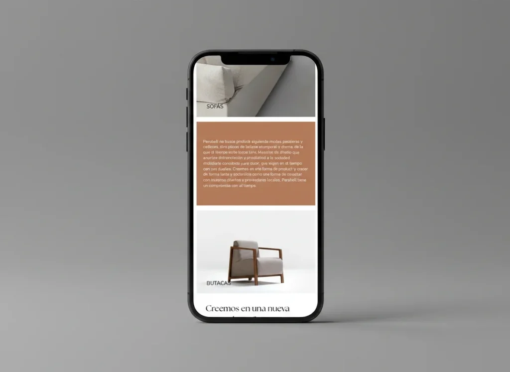 Mockup móvil de la colección de sofás y butacas de la web de Perobell, diseñada por Creatias Estudio