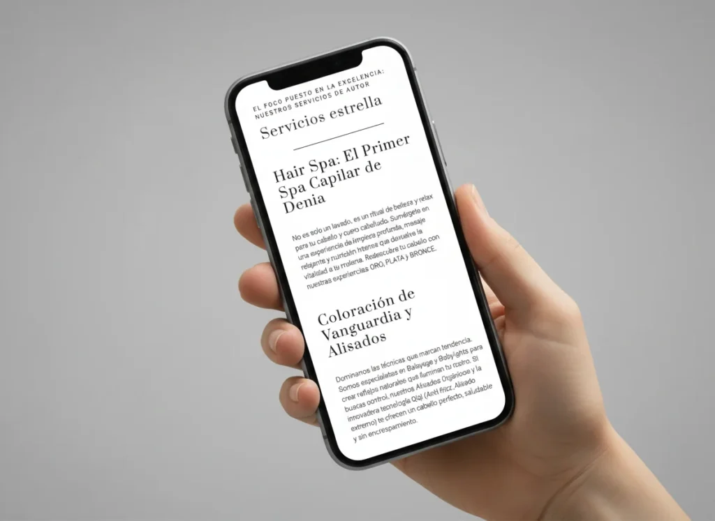 Mockup móvil de la sección de servicios estrella de la web de Sivera Belleza, diseñada por Creatias Estudio