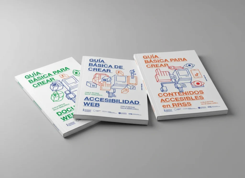 Guías DICATIC de accesibilidad digital apiladas, diseñado por Creatias Estudio