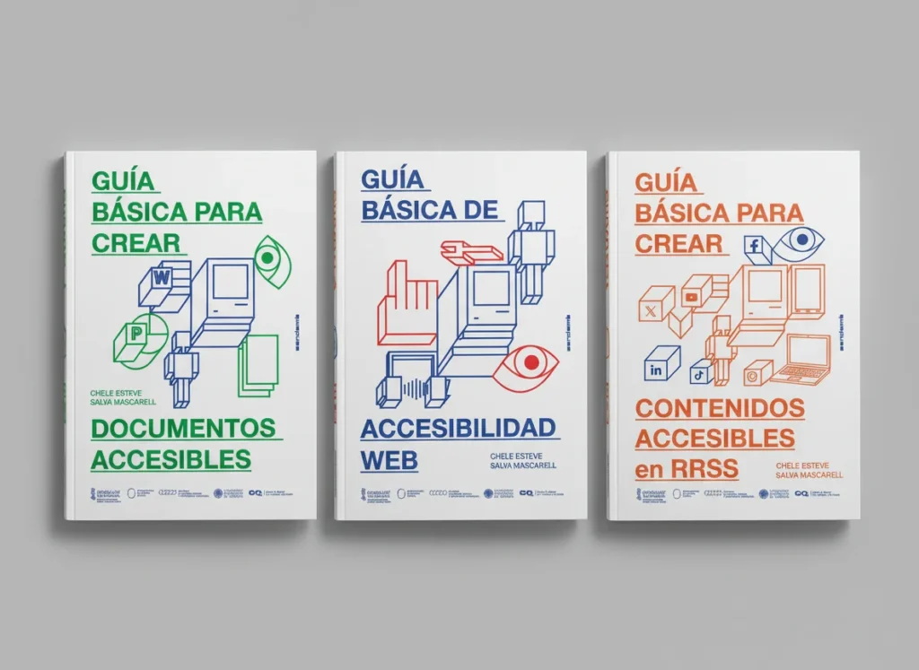 Diseño editorial de la colección de guías DICATIC sobre accesibilidad digital, diseñado por Creatias Estudio