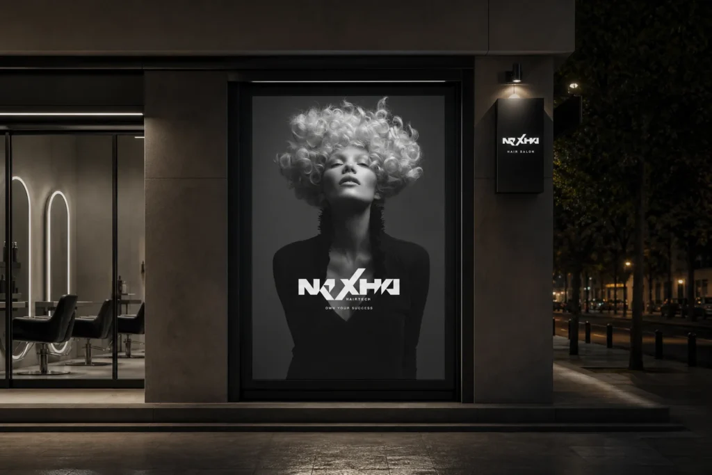 Escaparate de la peluquería Nexha Hairtech, diseñado por Creatias Estudio