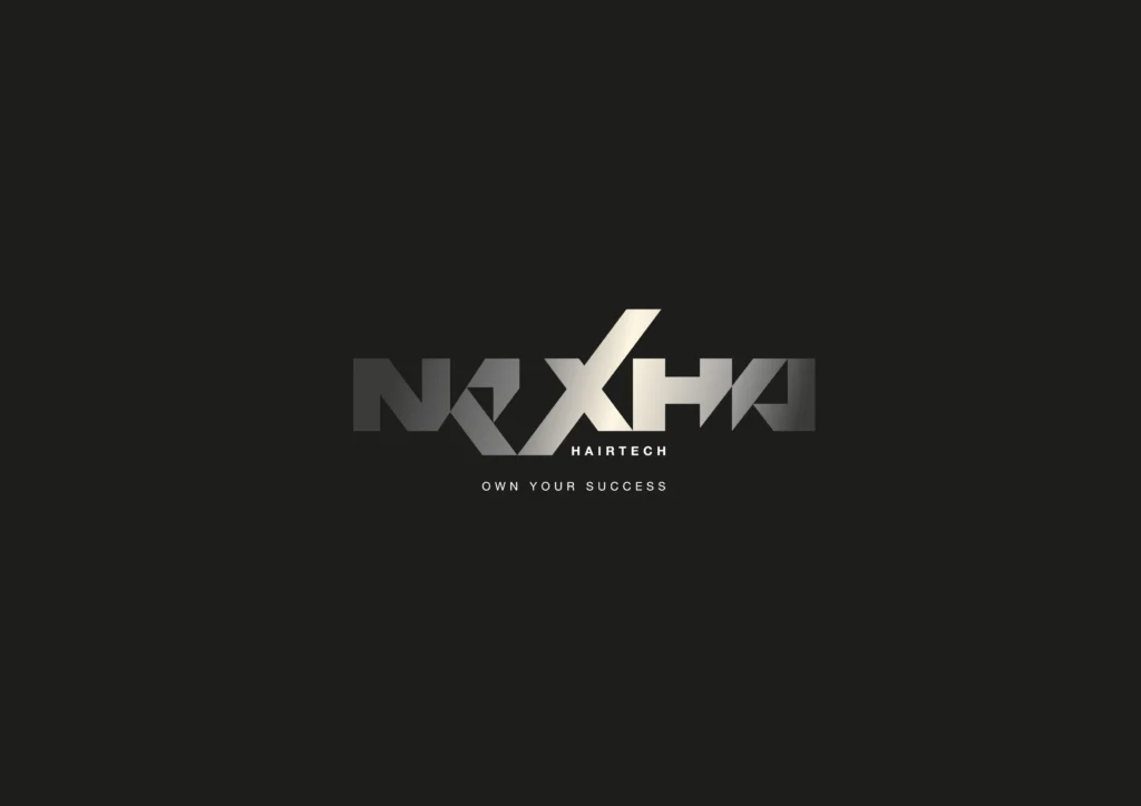 Logotipo de Nexha Hairtech en degradado plateado, diseñado por Creatias Estudio