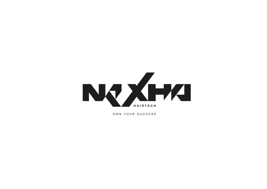 Logotipo de Nexha Hairtech sobre fondo blanco, diseñado por Creatias Estudio