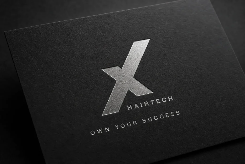 Logotipo de Nexha Hairtech en relieve plateado sobre papel de algodón, diseñado por Creatias Estudio