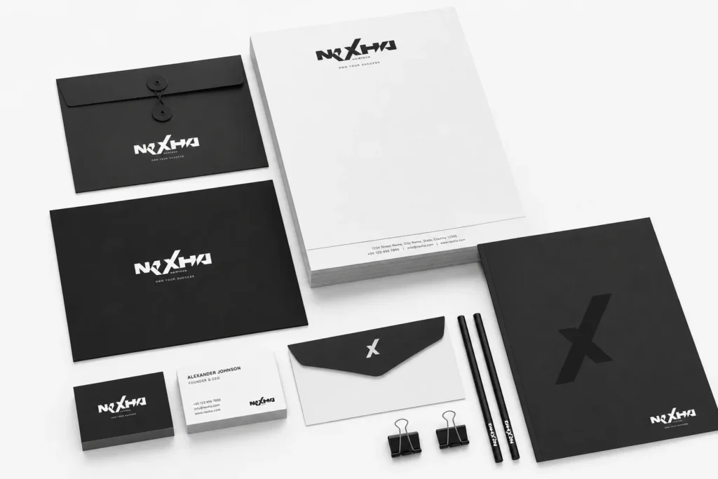 Papelería corporativa de Nexha Hairtech sobre fondo blanco, diseñada por Creatias Estudio