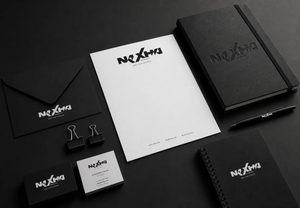 Papelería corporativa de Nexha Hairtech sobre fondo oscuro, diseñada por Creatias Estudio