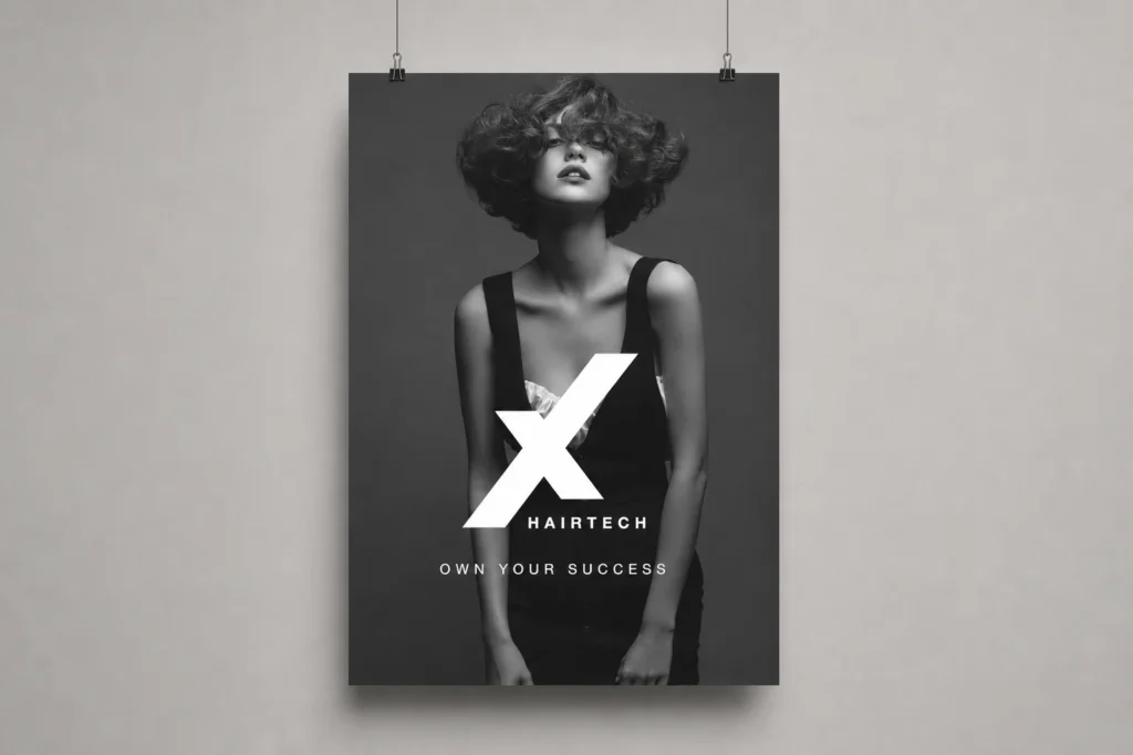 Cartel de Nexha Hairtech colgado con cuerdas metálicas, diseñado por Creatias Estudio