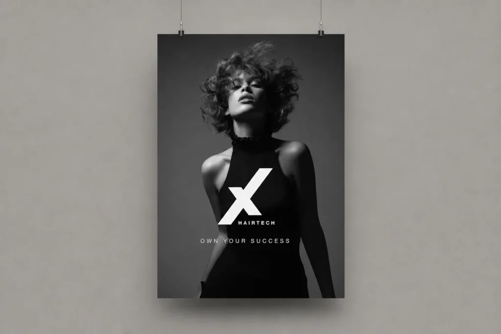 Cartel de Nexha Hairtech colgado con cuerdas metálicas, variante 2, diseñado por Creatias Estudio