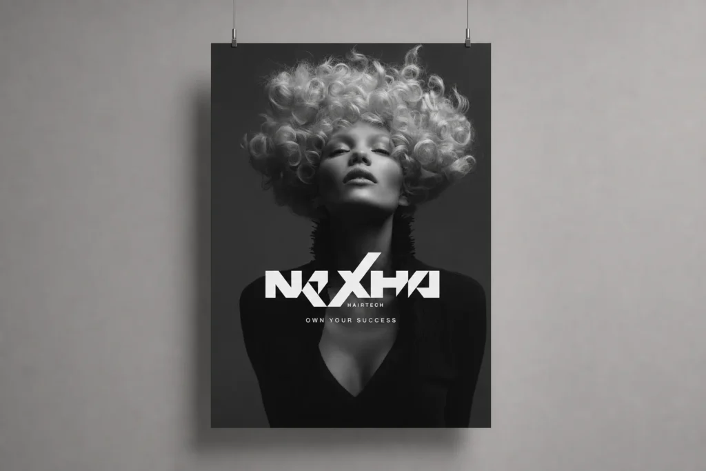 Cartel de Nexha Hairtech colgado con cuerdas metálicas, variante 3, diseñado por Creatias Estudio