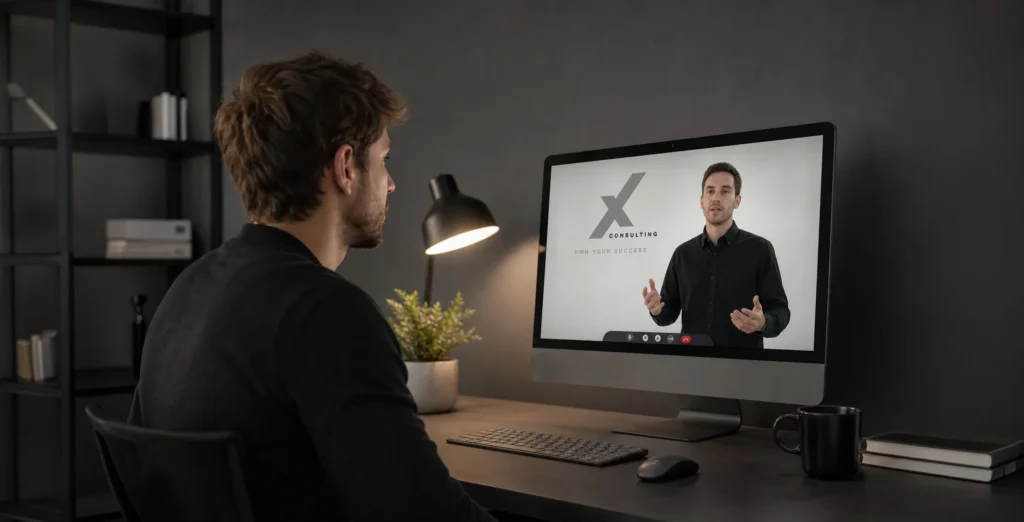 Mockup de videollamada con la submarca X Consulting de Nexha Hairtech, diseñado por Creatias Estudio