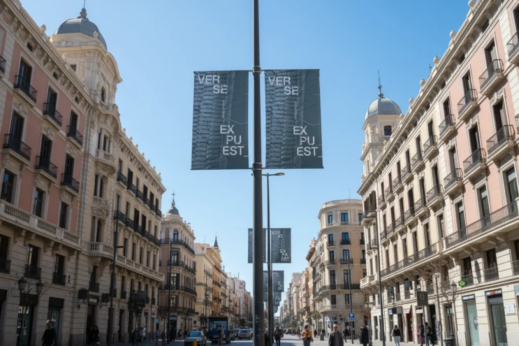 Banderolas de Verse expuest_ en las farolas de una avenida, diseñadas por Creatias Estudio