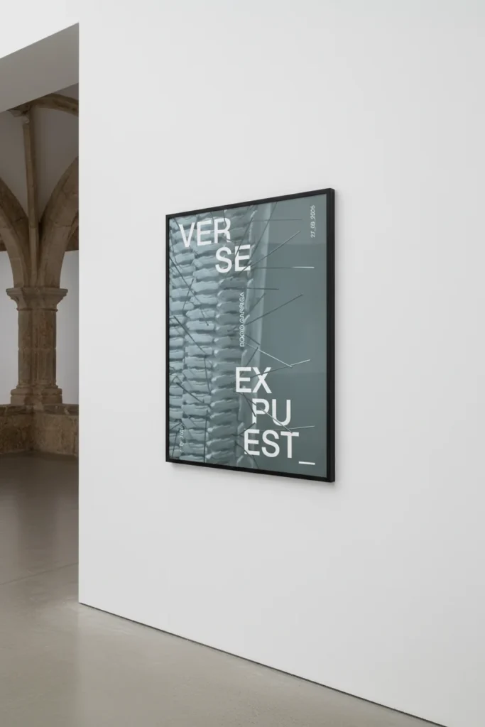 Cartel enmarcado de Verse expuest_ en una sala de exposiciones, diseñado por Creatias Estudio