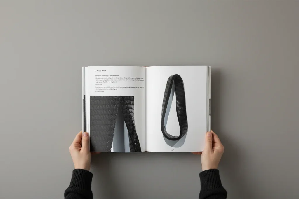 Pliego del catálogo Verse expuest_ con la obra La lluvia de Rocío Garriga, diseñado por Creatias Estudio