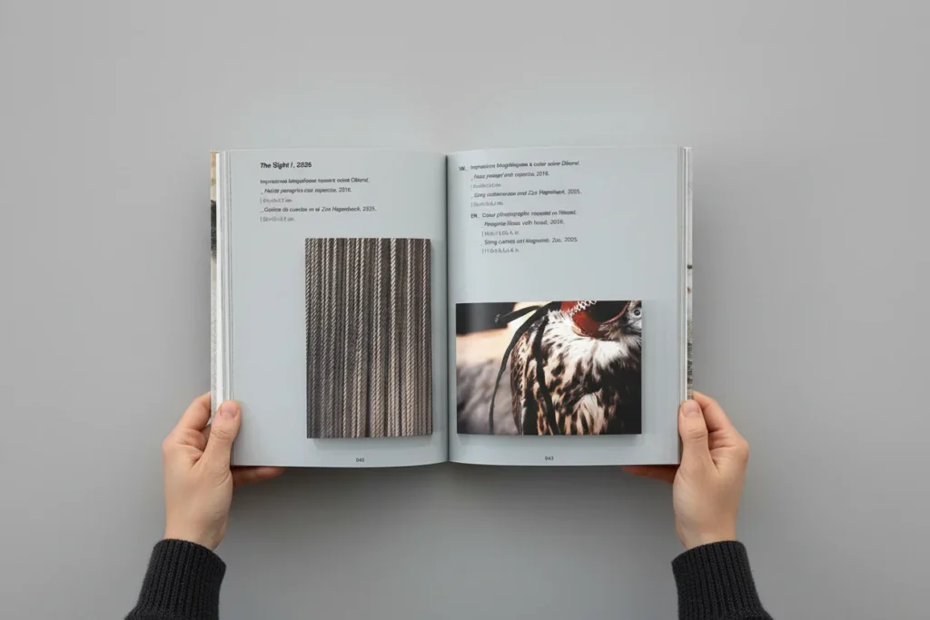 Pliego del catálogo Verse expuest_ con la obra The Sight I y su ficha trilingüe, diseñado por Creatias Estudio