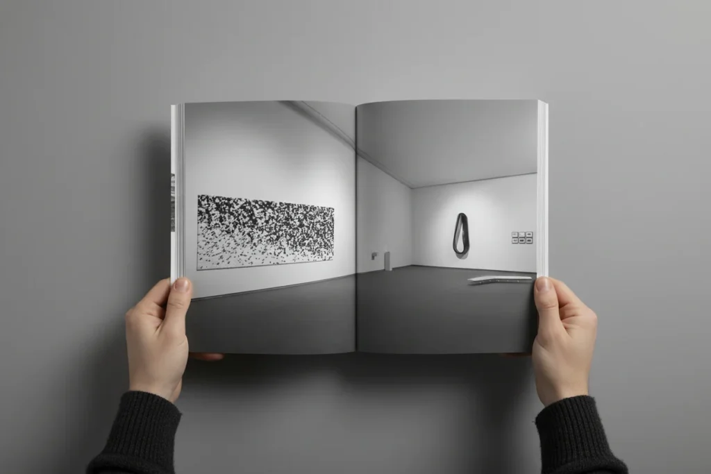 Pliego del catálogo Verse expuest_ con una vista de la sala de exposición, diseñado por Creatias Estudio