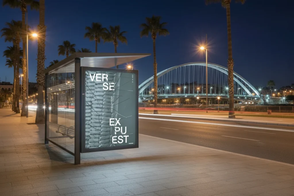 Cartel de Verse expuest_ en una marquesina de noche, diseñado por Creatias Estudio