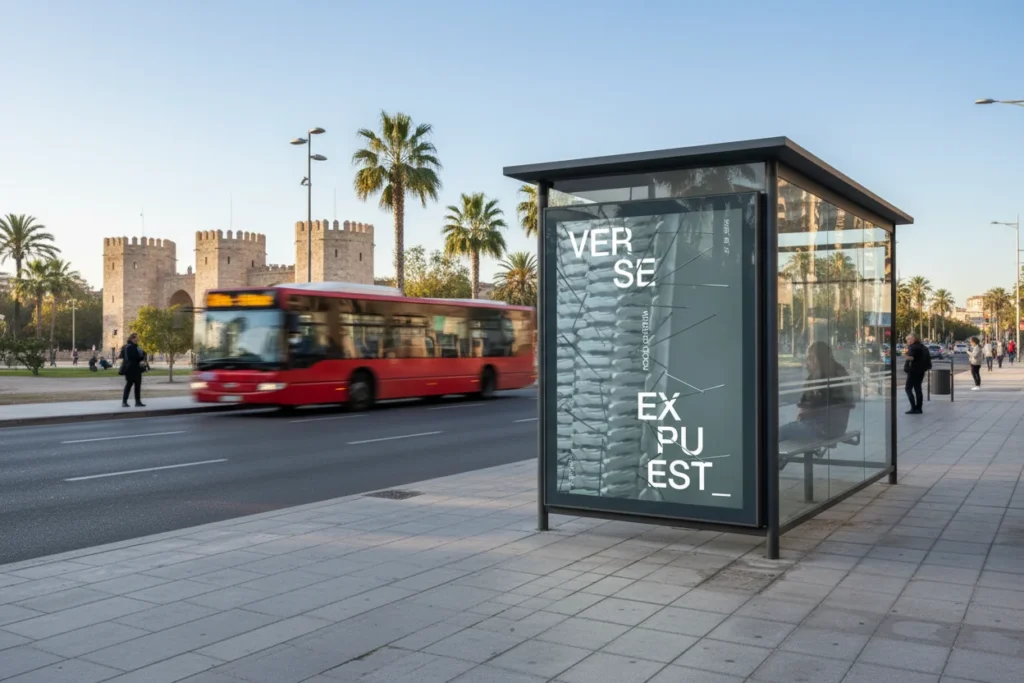 Cartel de Verse expuest_ en una marquesina frente a las Torres de Quart, diseñado por Creatias Estudio