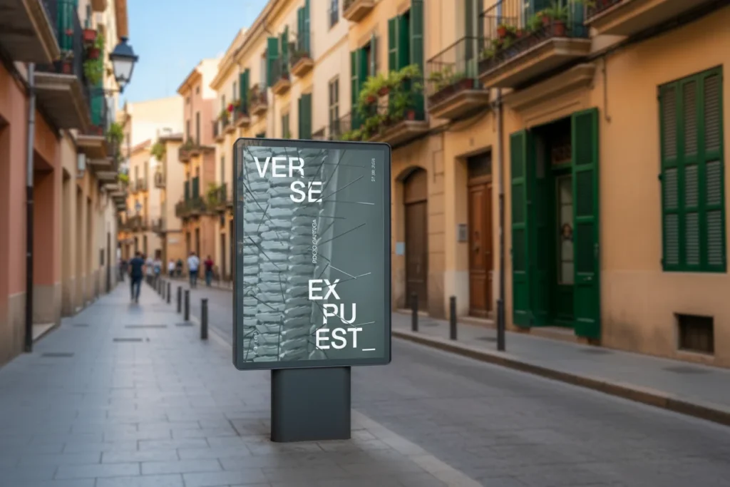 Cartel de Verse expuest_ en un mupi urbano, diseñado por Creatias Estudio