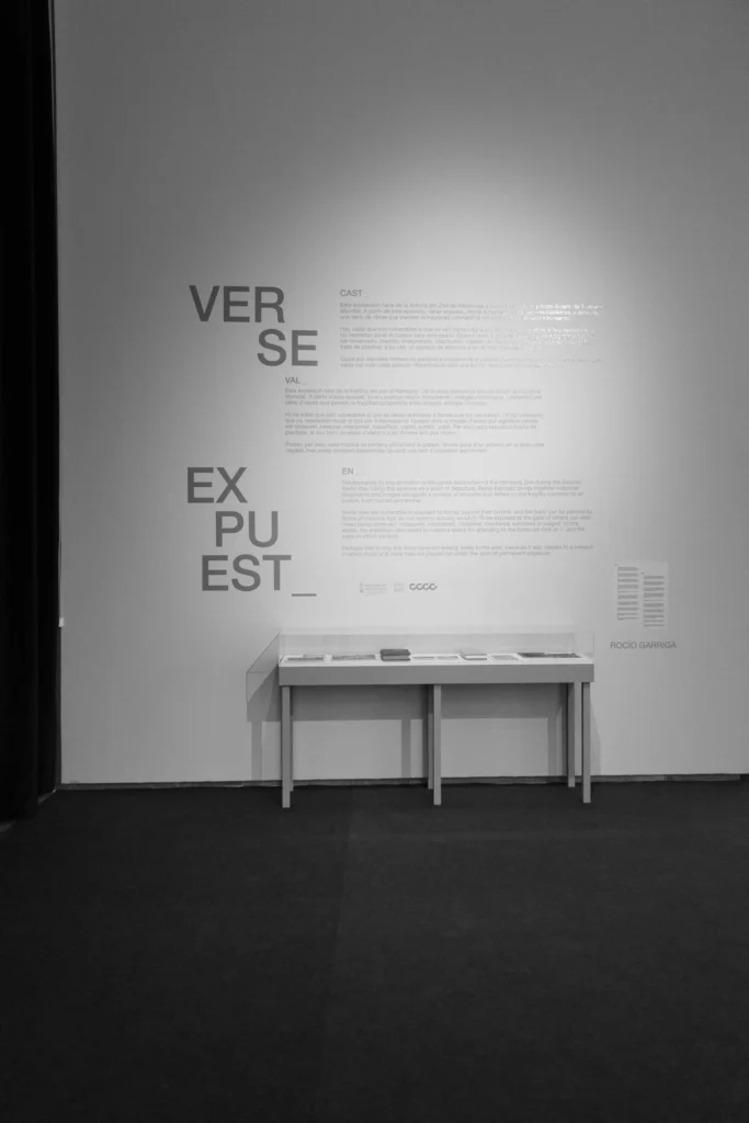 Título de Verse expuest_ en vinilo de corte sobre la pared de la sala, diseñado por Creatias Estudio