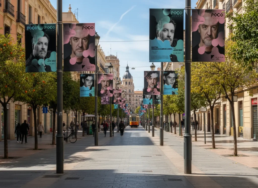 Banderolas en farolas con los carteles del ciclo Foco Abierto del Teatre Flumen, diseñado por Creatias Estudio