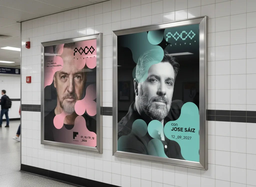 Carteles de Foco Abierto en los mupis del metro, diseñado por Creatias Estudio