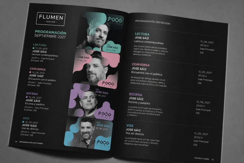Interior del libreto de programación de Foco Abierto del Teatre Flumen, diseñado por Creatias Estudio