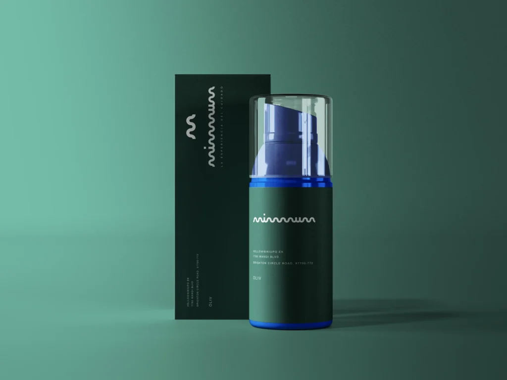Packaging cosmético de MIMMUM con el logotipo en caja y envase, diseñado por Creatias Estudio