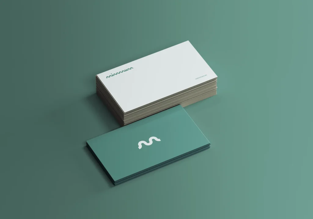 Tarjetas de visita de MIMMUM en verde corporativo y blanco, diseñado por Creatias Estudio